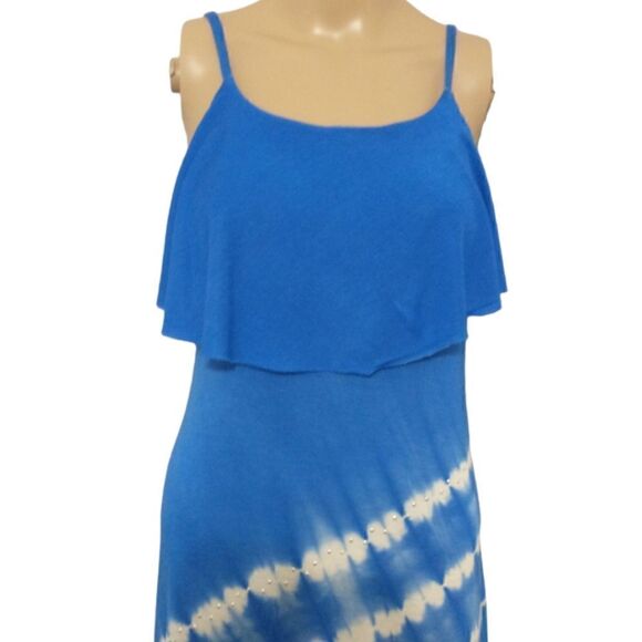 Y2K Maxi Dress Sz SP Studs Blue White Striped Jersey Knit Hippie Boho Nautical - Picture 2 of 16